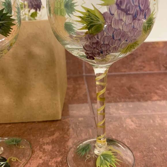 WINE GLASSES - set 6 Hand Painted GRAPES, VINES, LEAVES Design Wine Glasses 8.5" - Picture 6 of 8